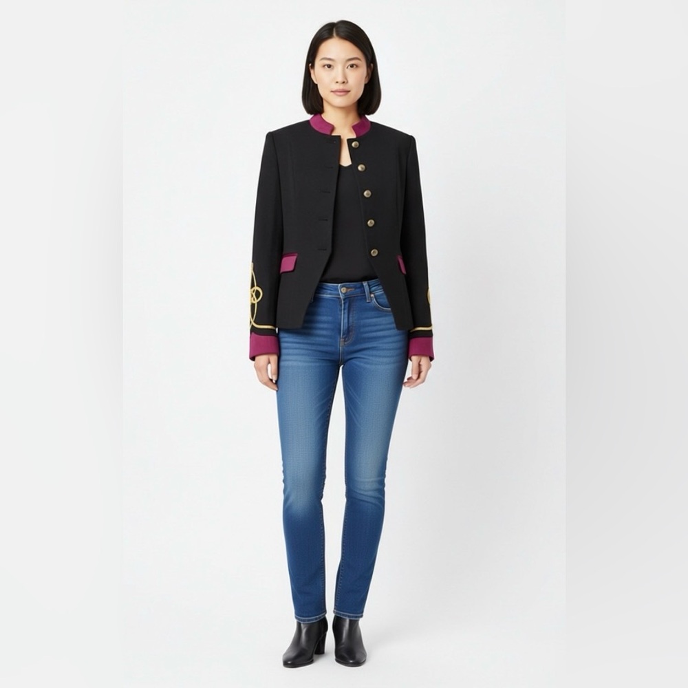 Black Blazer with Gold Embroidery and Purple Trim EU 42, 50%wool 50%acrylic